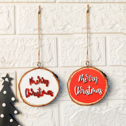 "Merry Christmas" Wooden Bark Wall Hangings - Set of 2