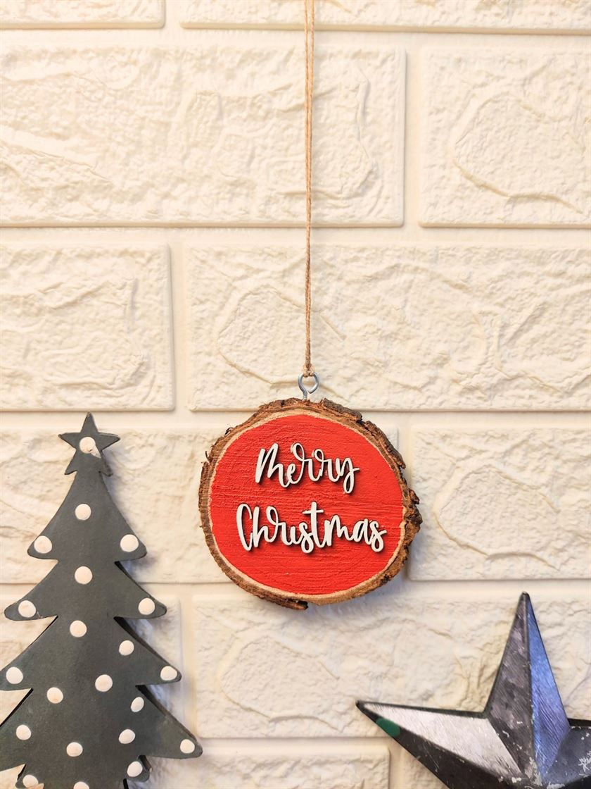 "Merry Christmas" Wooden Bark Wall Hangings - Set Of 2